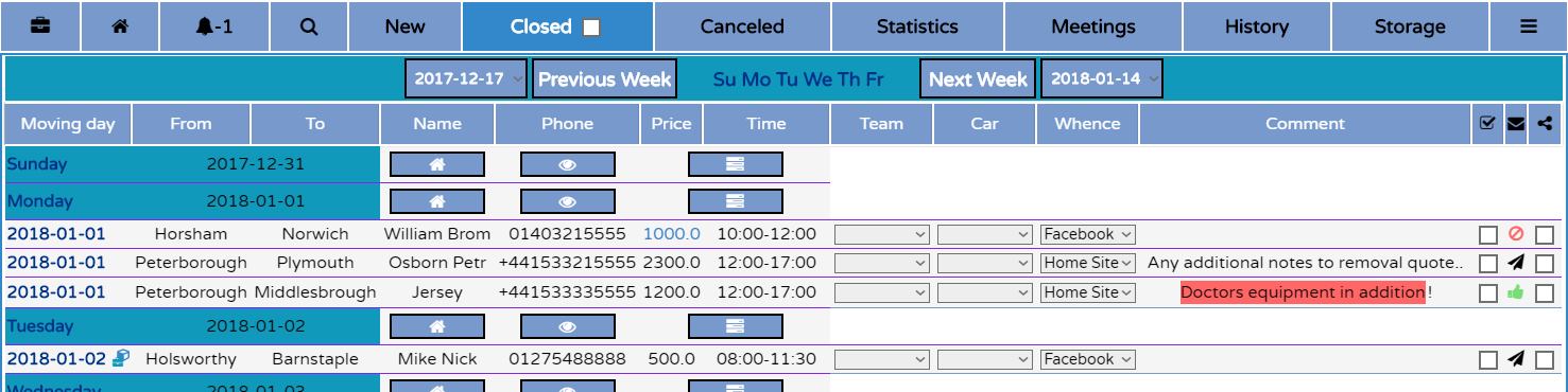 Tab showing all Closed orders in calendar scheduling